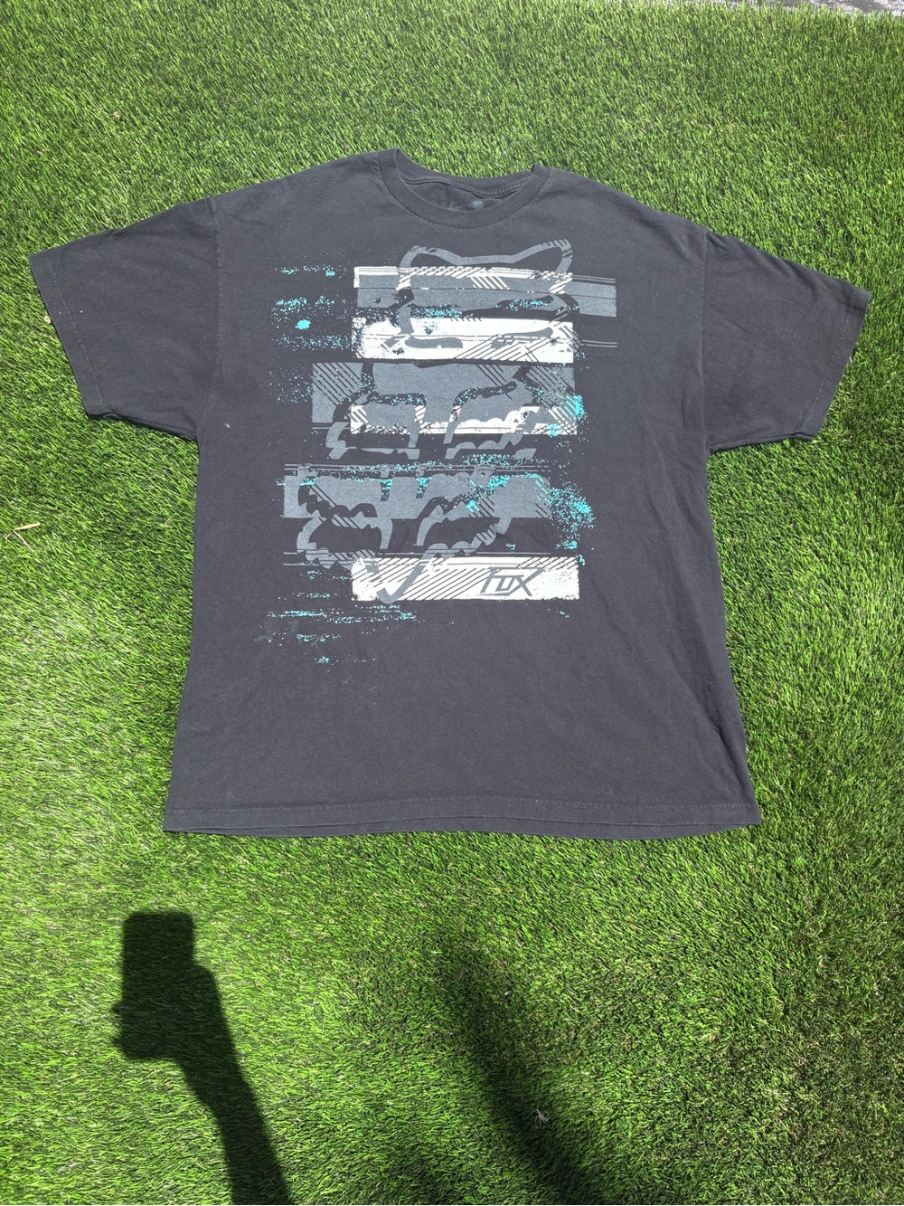 Y2K Fox Racing Black Short-Sleeve Graphic Tee with Teal & Gray Print